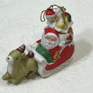 VTG Ceramic Santa in Sleigh w/Presents Reindeer Christmas Tree Ornament 3" Long
